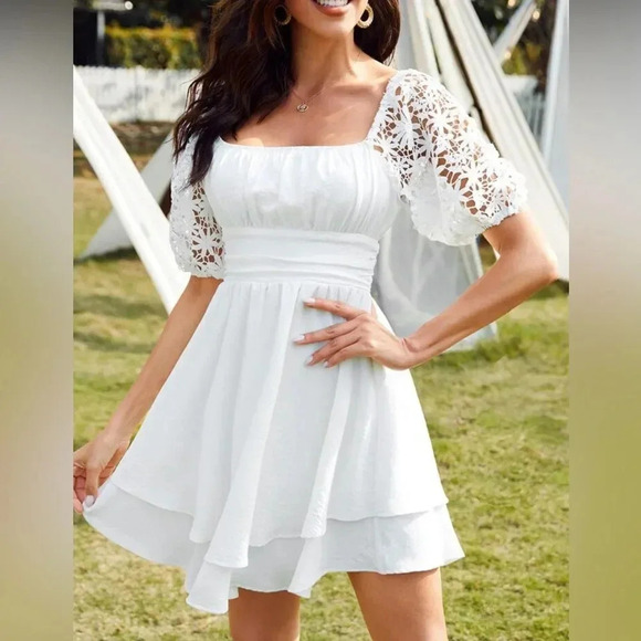 Contrast Guipure Lace Puff Sleeve Tie Back Layered Hem Dress - Picture 1 of 15